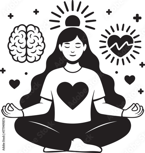 Woman meditating with brain heart and sun symbols Keywords: meditation, woman, yoga, zen, peace