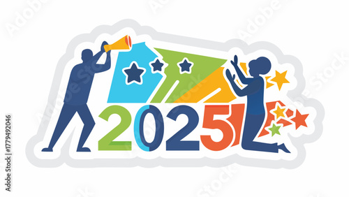 Two silhouettes celebrate the arrival of the year 2025 with stars and bright colors