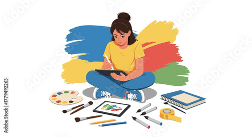 Young Woman Illustrates Using A Tablet And Creative Tools In A Colorful Studio Space