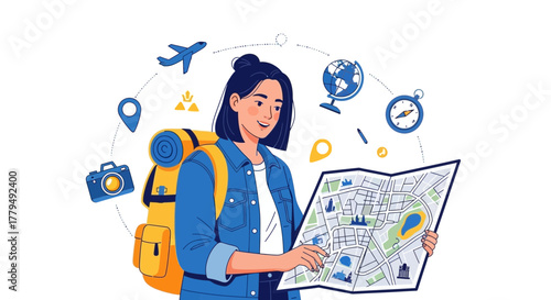 Young Woman Planning Vacation Trip Route, Focused on Exploration and Seeking Adventures