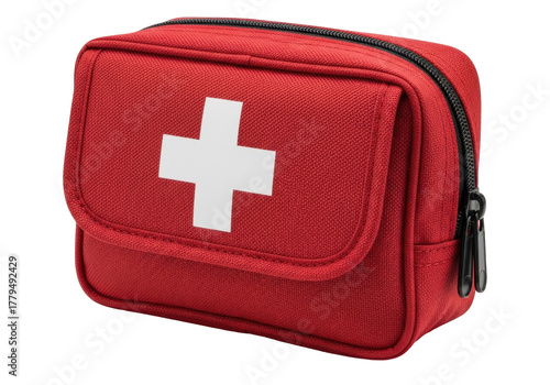 Red first aid kit bag isolated PNG, medical emergency equipment for healthcare and safety on transparent background