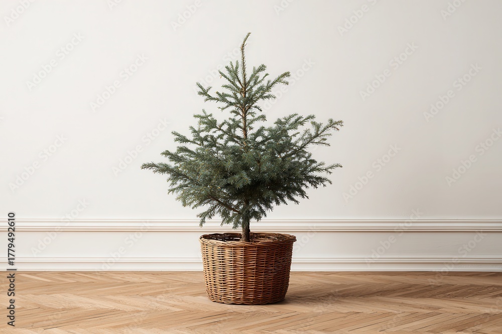 Fototapeta premium Minimalistic Christmas tree standing indoors on wooden parquet floor, placed in a brown wicker basket