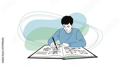 Young Student Concentrated on Geometry Examination Performing Line Drawing and Problem Solving