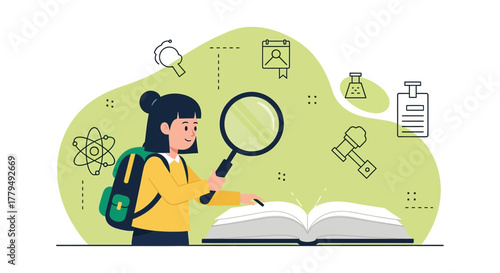 Young Student Examining Open Book With Magnifying Glass To Study and Discover Learning