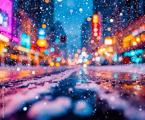 Vibrant city street glowing with neon lights as snow gently falls, creating a dreamy winter night scene. Colorful bokeh, festive ambiance, and urban magic blend into a cinematic holiday moment.