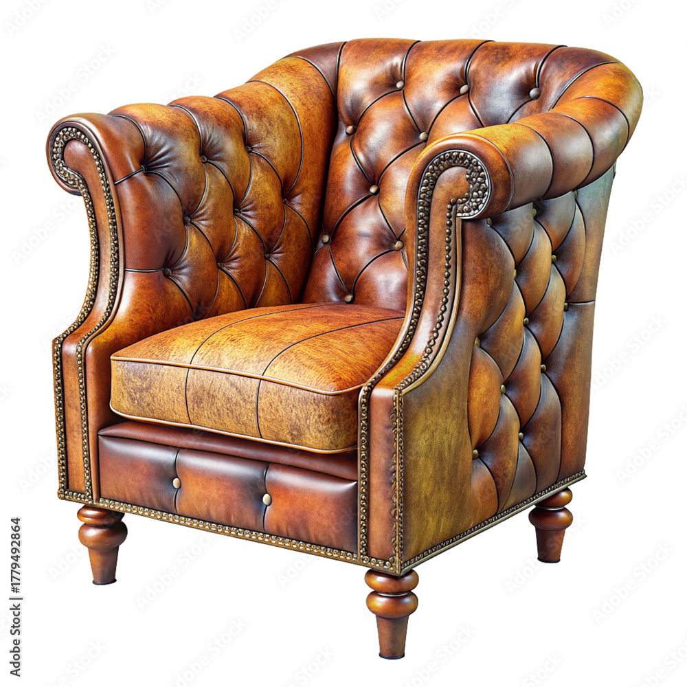 Obraz premium Classic chesterfield tufted leather armchair high resolution PNG photo