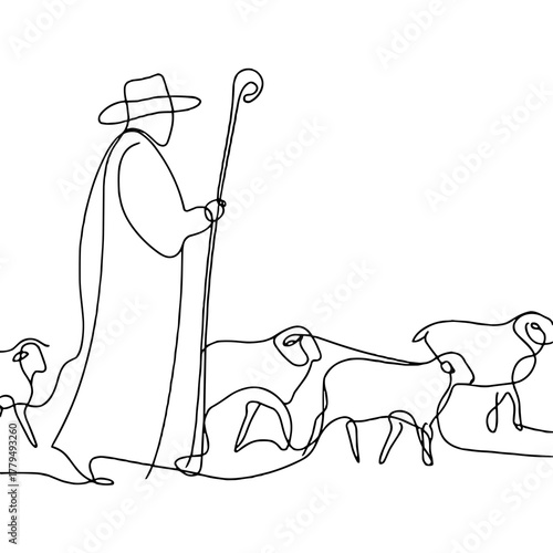 Shepherds with staffs and sheep Biblical Christmas Scenes outline / minimal linear vector