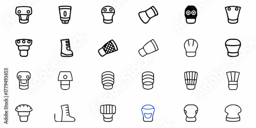 Collection of various abstract outlined shapes resembling containers and footwear icons displayed