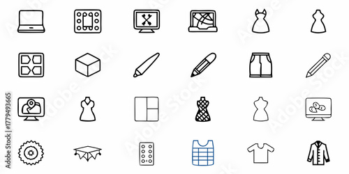 Illustration of various design and fashion related objects in simple outline style format image
