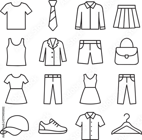Vector monochrome line icon set about clothes