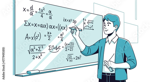 Cartoon Teacher Explaining Mathematics Equations On A Whiteboard For The Class