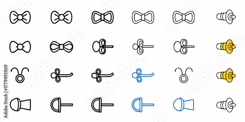 Illustration of various bowties, decorative knots, and stylized plugs in different orientations
