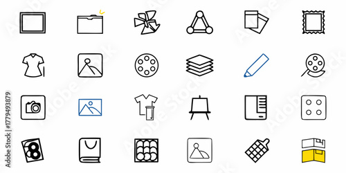Illustration of assorted icons including a camera, shirt, box, and other miscellaneous design elements