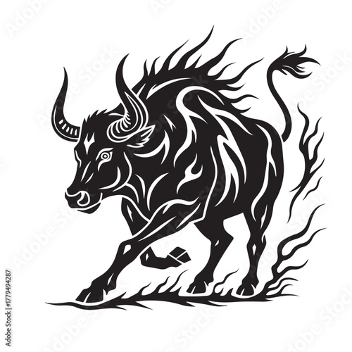 Powerful black bull with fiery mane and tail charging forward with aggressive energy and dynamic motion in a stylized illustration