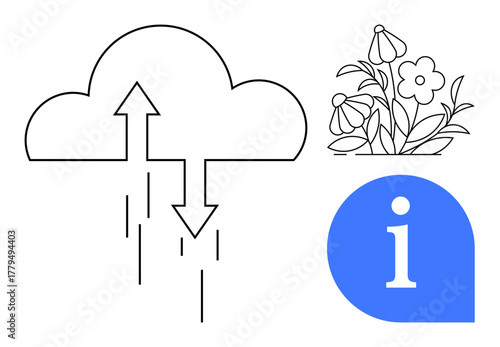 Cloud with arrows symbolizing data transfer, blooming flowers, and i icon in blue marker. Ideal for data exchange, growth, ecology, education, technology online support communication. Simple flat