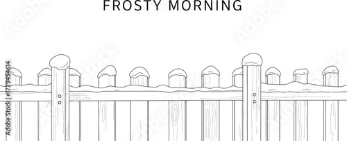 Snow covered fence on a frosty morning in a black and white line drawing style