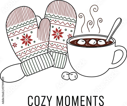 Illustrated cozy winter scene with mittens and hot chocolate for seasonal designs