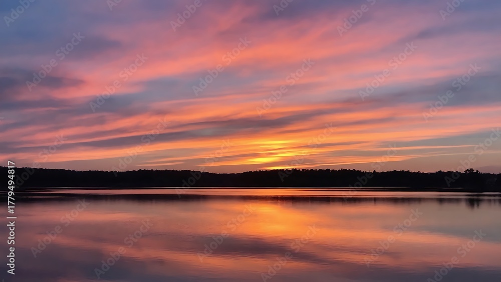 Obraz premium Vibrant sunset over calm lake with colorful sky reflection