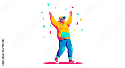 Joyful Person Celebrating Success with Colorful Confetti in a Modern Illustration Style