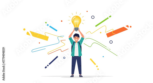 Bright Idea Concept: Illustration Of A Young Man Holding A Glowing Lightbulb Above His Head