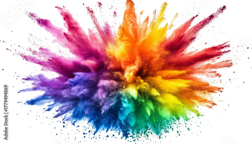 Explosion of colorful powder clouds creating abstract rainbow energy burst. Vibrant explosion of colorful holi paint powder in the air, creating a rainbow effect against a white background.