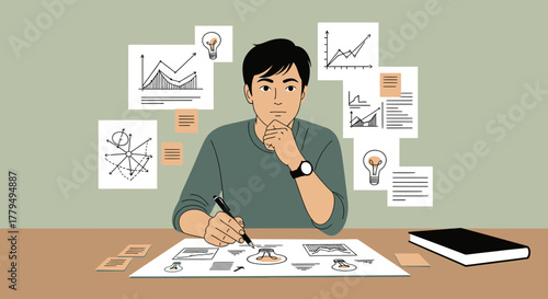 Business Analyst Concentrating On Diagrams, Charts, And Planning His Strategy