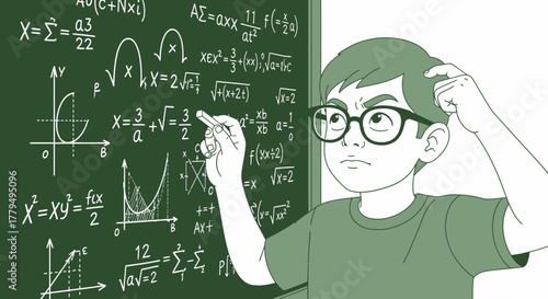 Confused Student Pondering Mathematics Equations On Blackboard In Thoughtful Study