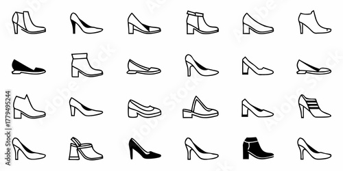 Collection of various women's footwear silhouettes including heels boots and flats in black and white style