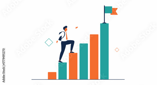 Business Person Ascending The Stairway To Achievement And Reaching The Objective.