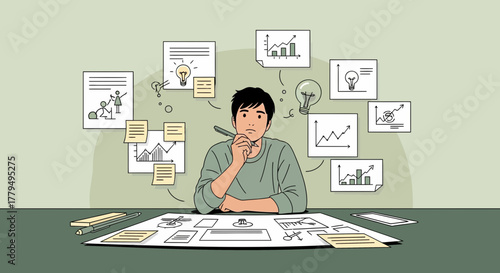 Creative Mind Contemplating Ideas and Business Strategies with Charts and Lightbulbs