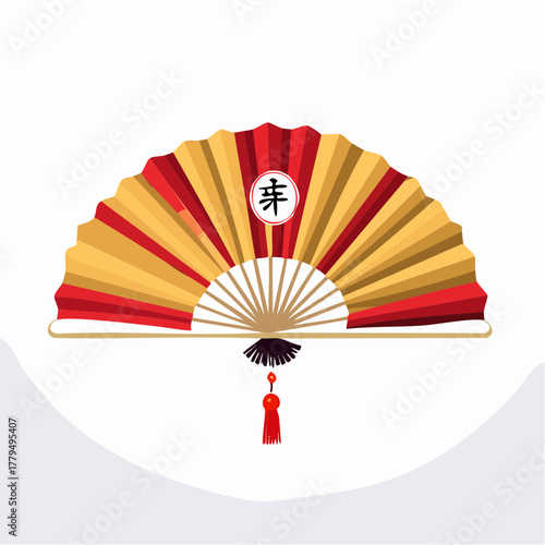 A stylized, open hand fan with red and gold segments, featuring a Chinese character.
