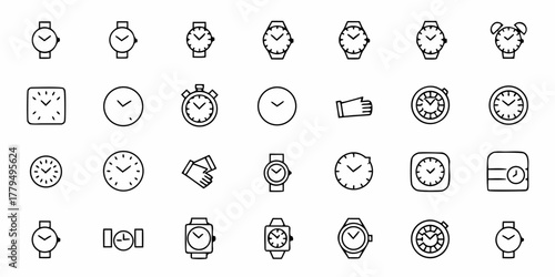 Collection of various clock and watch icons in outline style representing time and schedules design