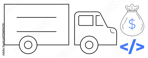 Delivery truck, dollar-sign money bag, and coding bracket. Ideal for e-commerce, logistics, technology, programming, online payment digital economy innovation. Simple flat metaphor