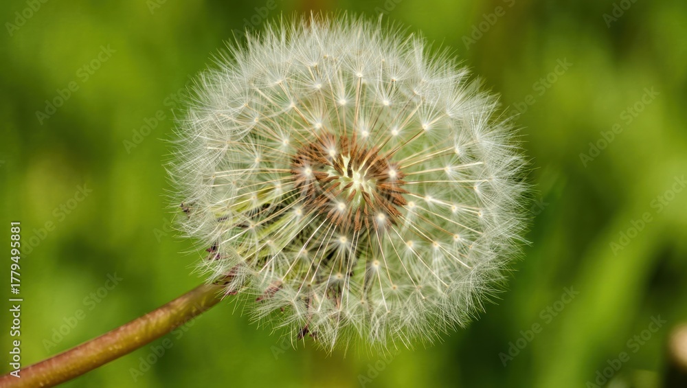 Fototapeta premium Close-up of a dandelion seed head against a vibrant green background