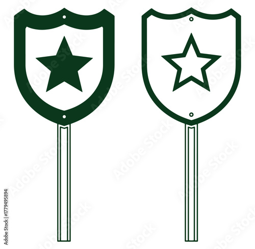 Two dark green shield badges featuring star symbols on long vertical handles vector illustration