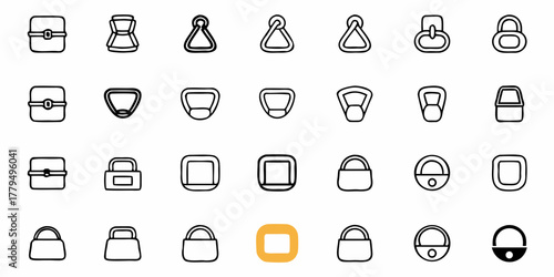 Illustration of various bag hardware and accessories in a minimalist outline style design on a white background