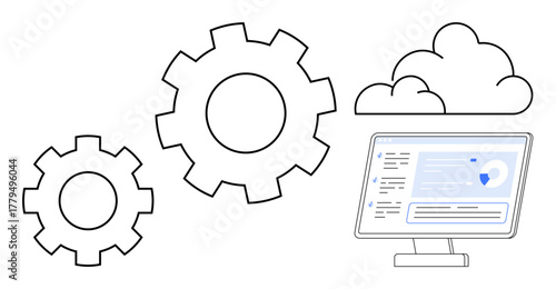Two interlocking gears, a cloud, and a computer screen showing data analytics. Ideal for cloud computing, software development, automation, data management, system optimization, online services