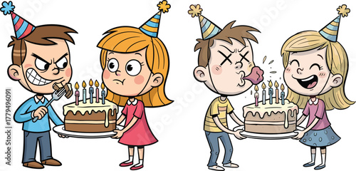 Funny kids celebrating birthday party with cake, cartoon children wearing party hats, humorous reactions, playful celebration scene, happy and silly moments illustration