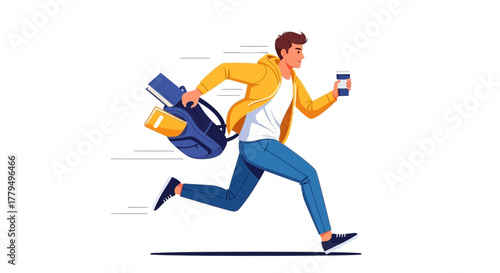 Energetic Student Running with Backpack and Coffee, Late for Class, Full of Drive