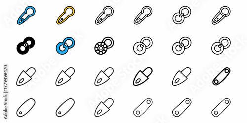 Collection of safety pins and chain links in varying styles and orientations on a white background