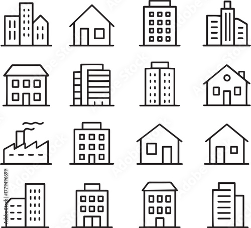 Vector monochrome line icon set about e-state properties