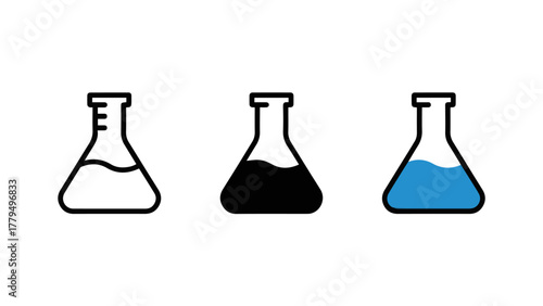 Colorful liquid chemicals in glass test tubes and a flask in a science laboratory