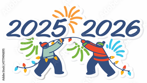 Two cartoon figures decorating with festive lights and fireworks to celebrate the transition from 2025 to 2026