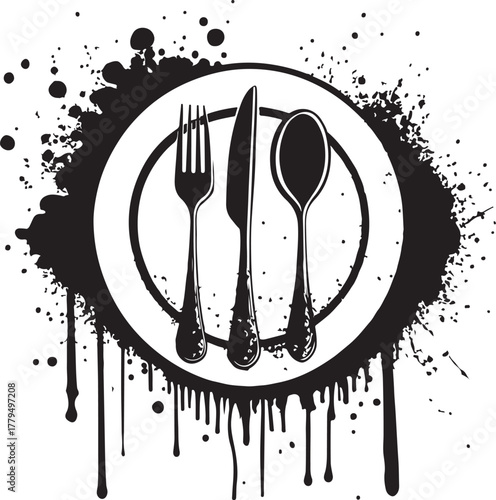 Plate, spoon and fork graffiti with black spray paint. vector illustration