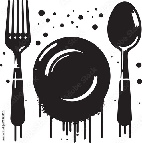 Plate, spoon and fork graffiti with black spray paint. vector illustration