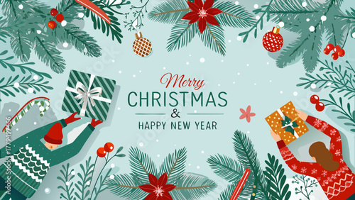 Merry christmas and happy new year greeting card with festive decorations and gift exchange