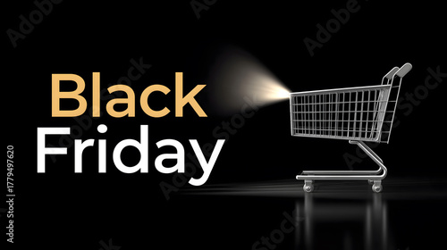 Shopping Cart with Glowing Headlamp Illuminating Black Friday Text – Creative Discount Shopping Concept