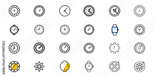Illustration of various clock and watch designs including analog faces and a digital smartwatch design
