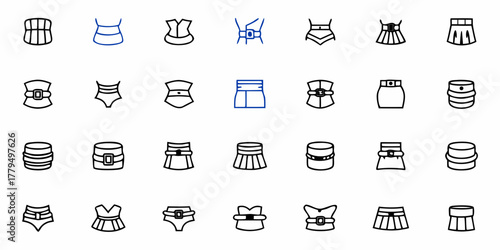 Collection of skirt and belt icons in various styles and designs in a vector format image