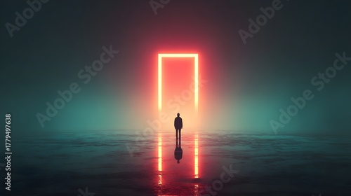 Mysterious Doorway Glowing in Mist with Silhouette of Person Standing Alone Under Neon Lights